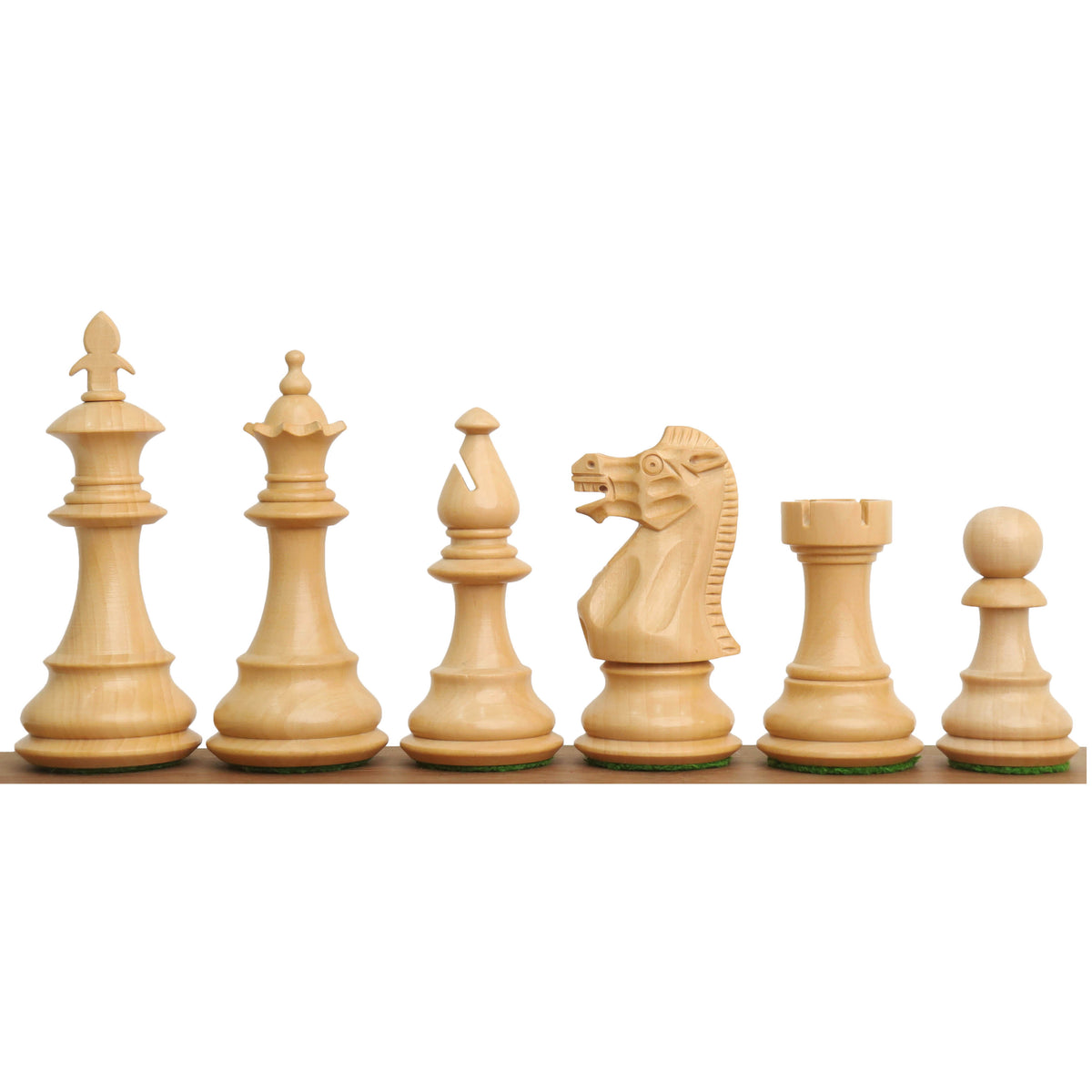 White natural boxwood pieces of the 3.7" British Staunton weighted chess set arranged from king to pawn.