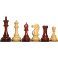 A balanced row of bud rosewood and boxwood luxury Staunton chess pieces showcasing the two contrasting wood types.