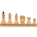 Collection of natural boxwood Russian Zagreb chess pieces featuring traditional Staunton-style design.