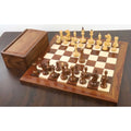 Complete Soviet Russian 1960s chess set featuring golden rosewood pieces and storage box.