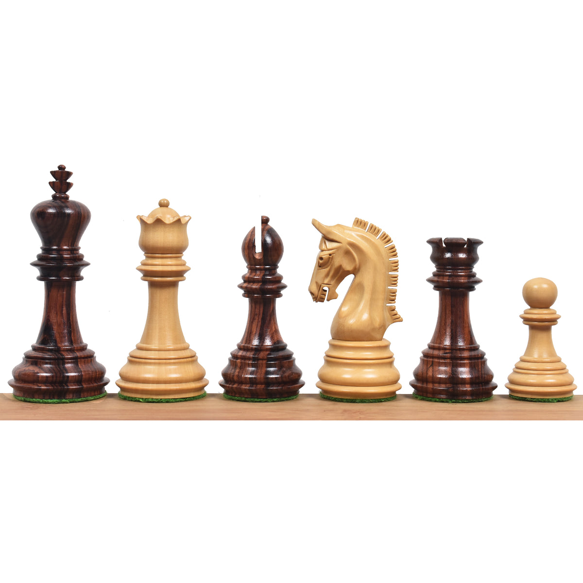 Alternating dark rosewood and light boxwood Imperial Staunton chess pieces lined up.