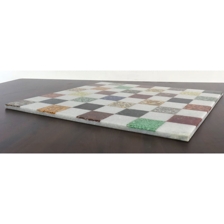 Tablero de ajedrez de lujo de mármol sin bordes de 18''-Blanco y piedras semipreciosas multicolores