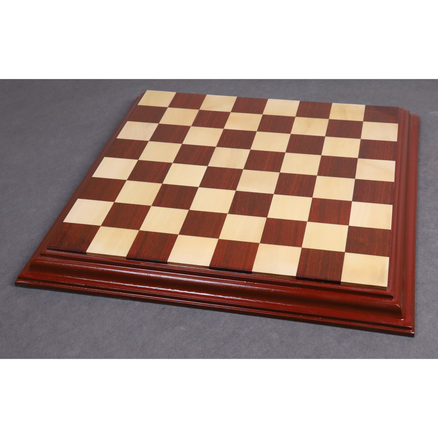 4.5″ Carvers’ Art Luxury Chess Budrose Wood Pieces with 21" Bud Rosewood & Maple Wood Luxury Chessboard with Carved Border and Leatherette Coffer Storage Box