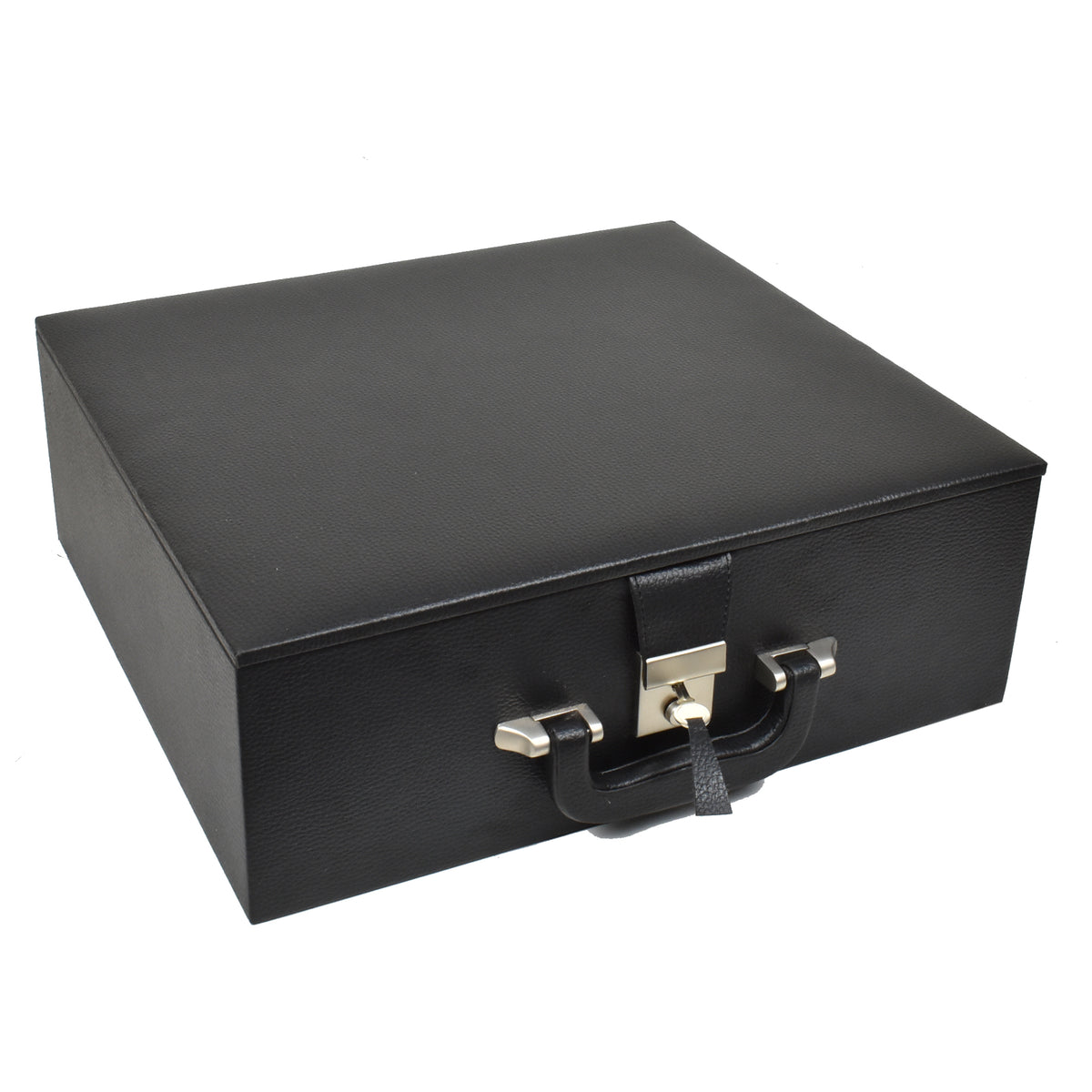 Elegant black leatherette storage box with metallic clasp for premium chess sets.