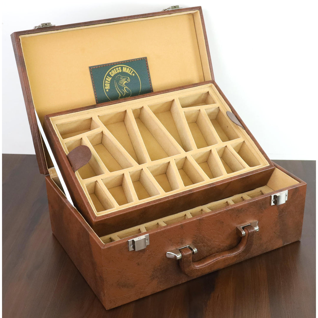 Caja para guardar piezas de ajedrez de cuero artificial - Marrón tostado - Piezas de ajedrez de hasta 4".
