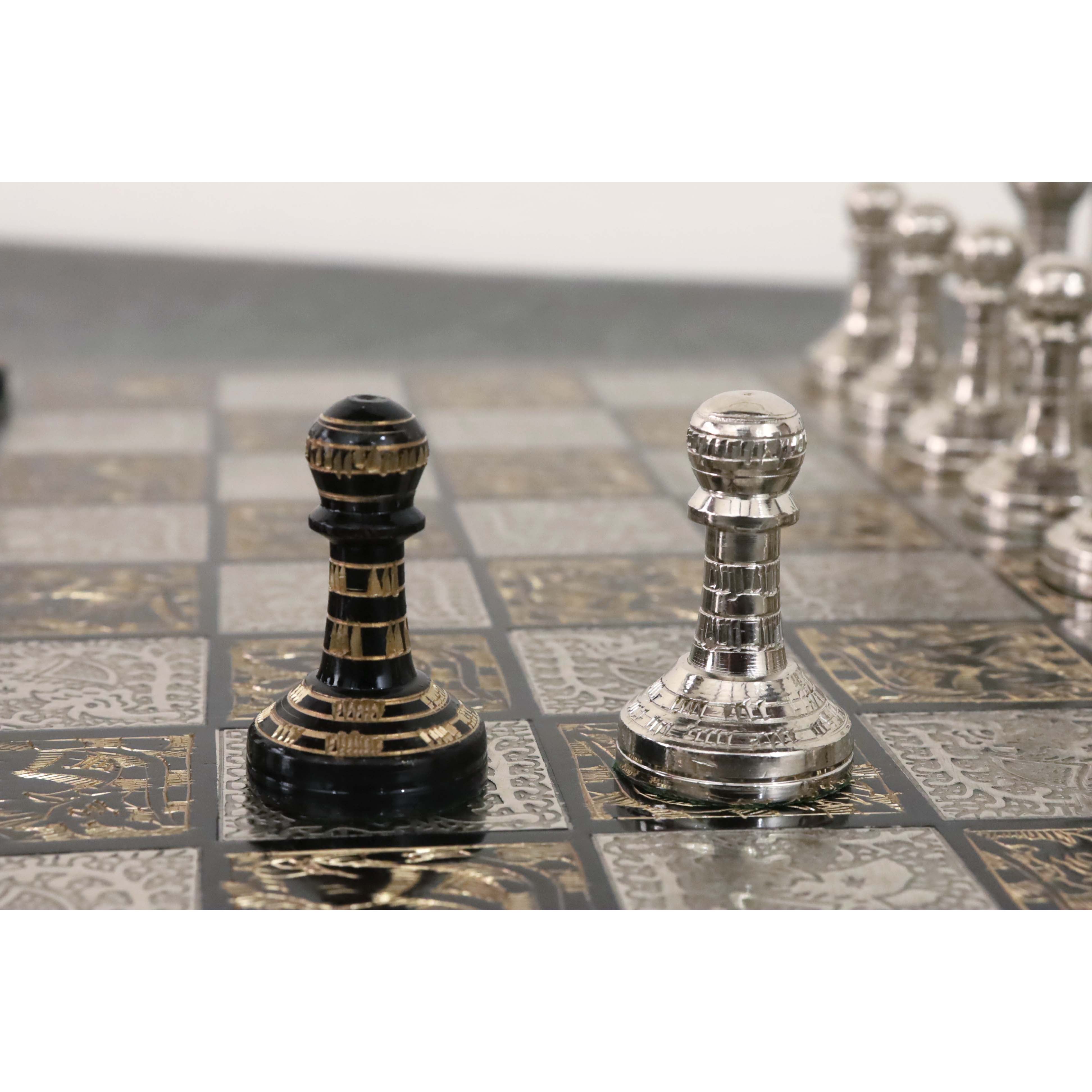 Classic Staunton Brass Metal Luxury Chess Pieces & Board Set