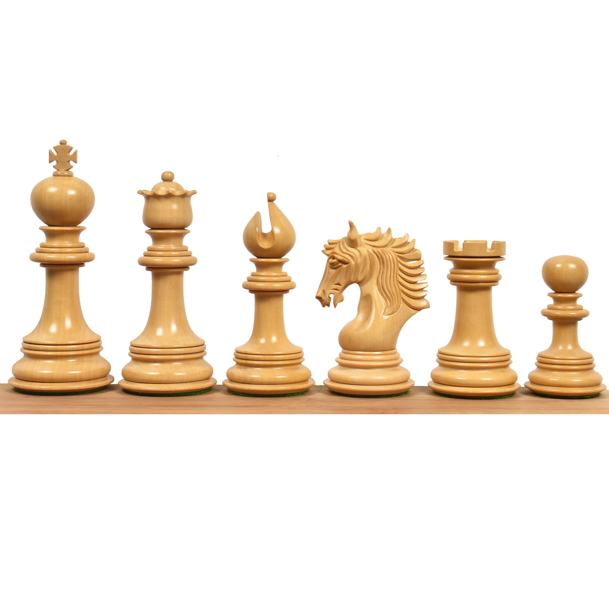 Handcrafted light boxwood Staunton chess pieces lineup, Arthur series, light side.