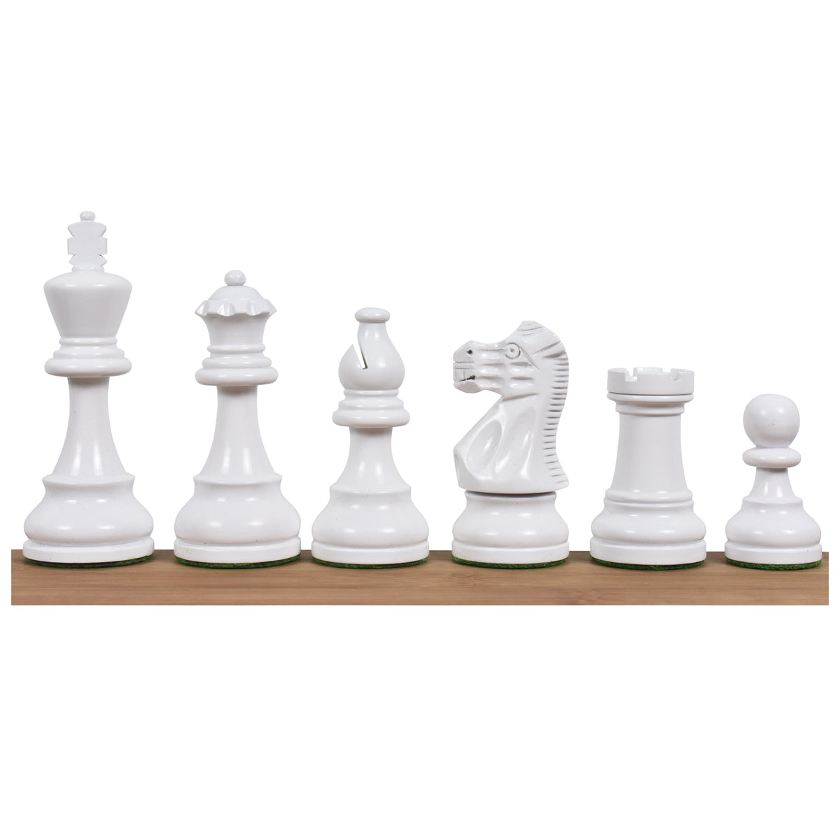 Complete set of ivory white painted Staunton chess pieces arranged in descending size on a wood base.