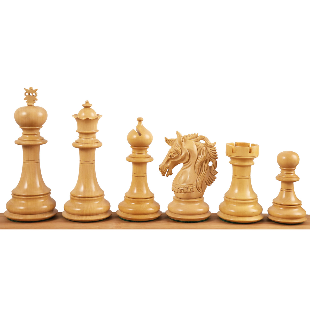 Six polished ebony wood chess pieces from the 4.6-inch Prestige Luxury Staunton set arranged in a clean row.