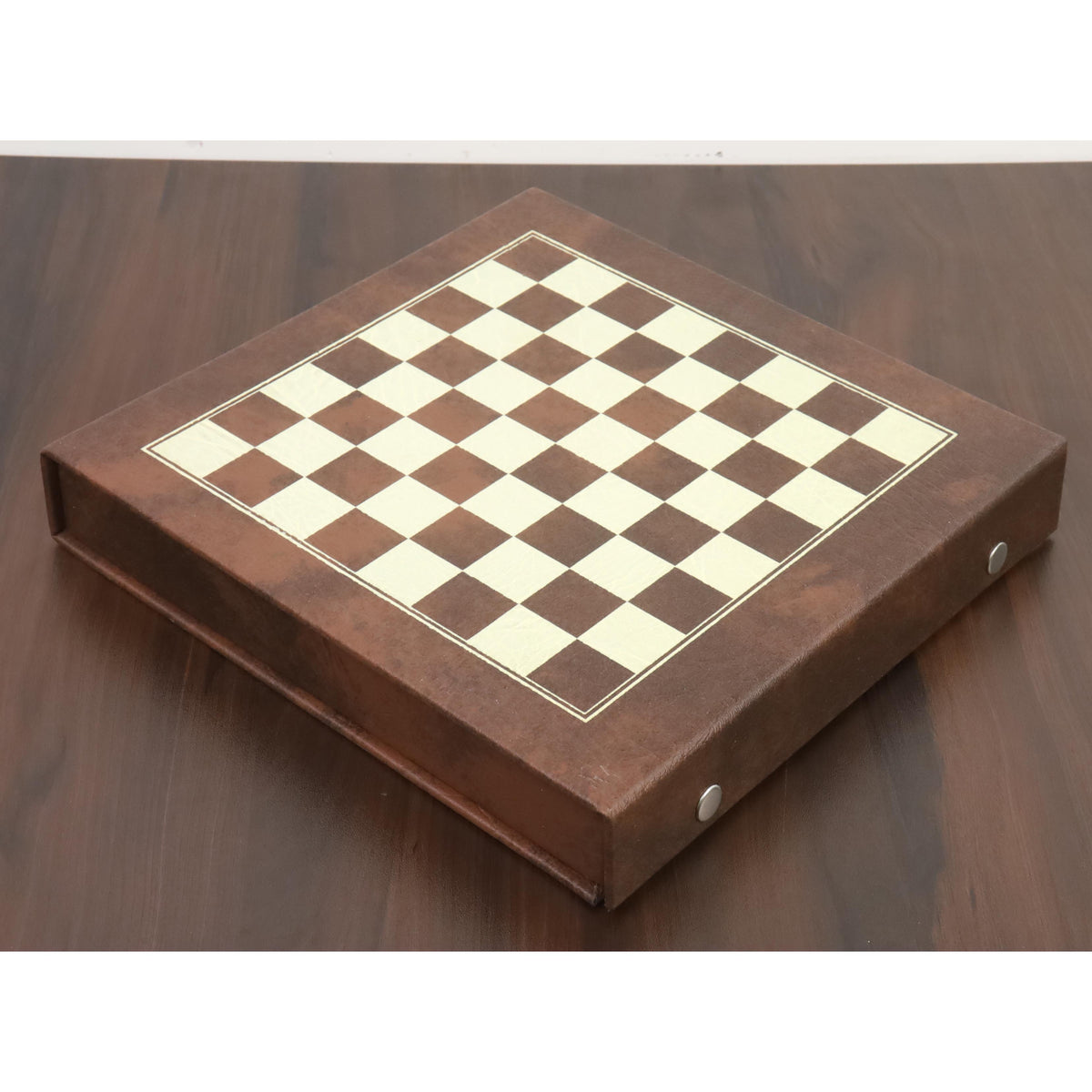 Closed leatherette 10-inch travel chess board storage case.