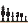 Complete lineup of black dyed hand-carved Lotus Series camel bone chess pieces from king to pawn.