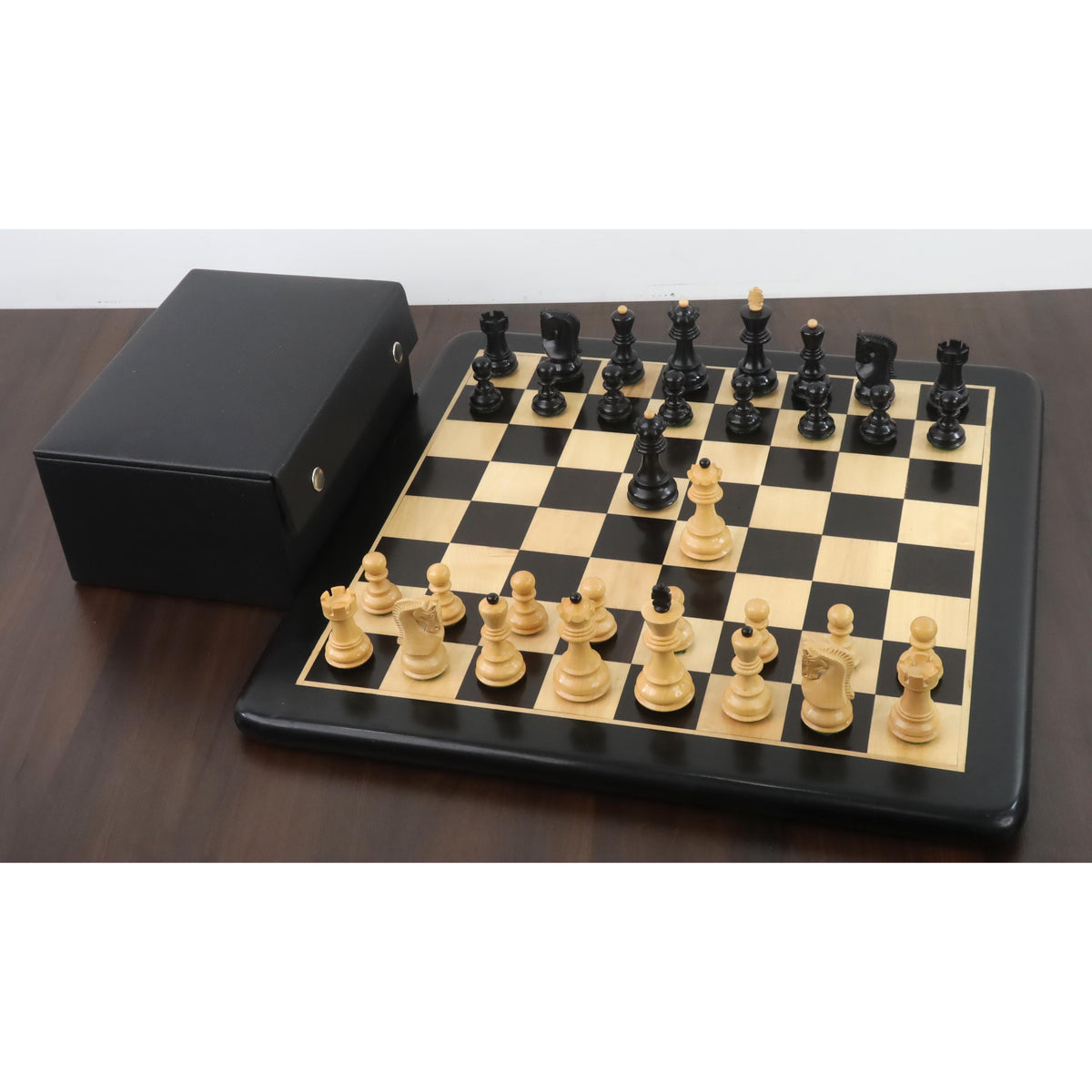 3.1 inch Zagreb chess set on a matching board with a premium black leatherette storage box.
