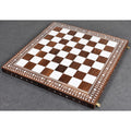 Full perspective view of the 21 inch Golden Rosewood folding chess board displaying the decorative border and square layout.