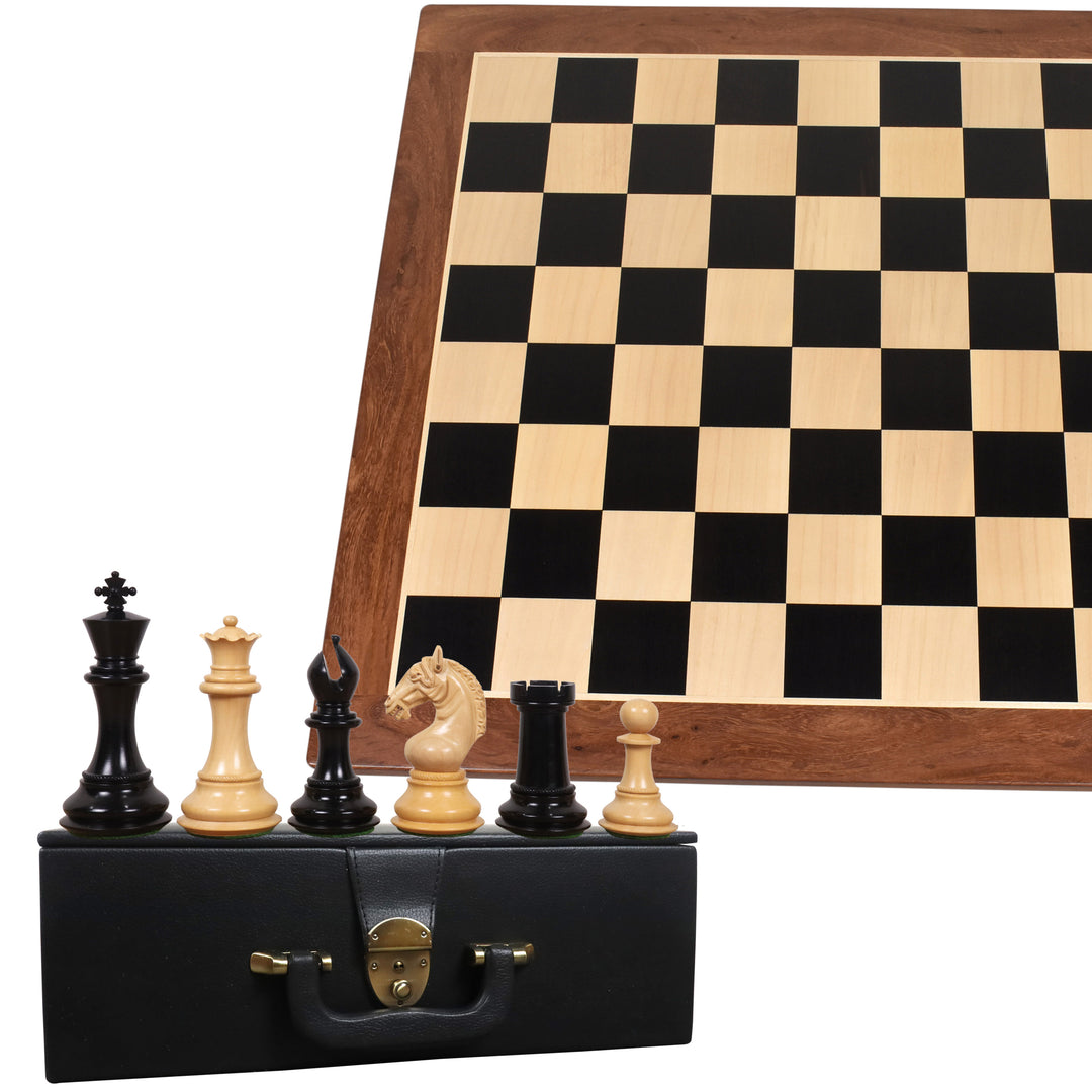 Kombo 4.5" Sheffield Staunton Luksusowe szachy z drewna hebanowego z 23" dużą hebanowo - klonową planszą szachową i pudełkiem do przechowywania.