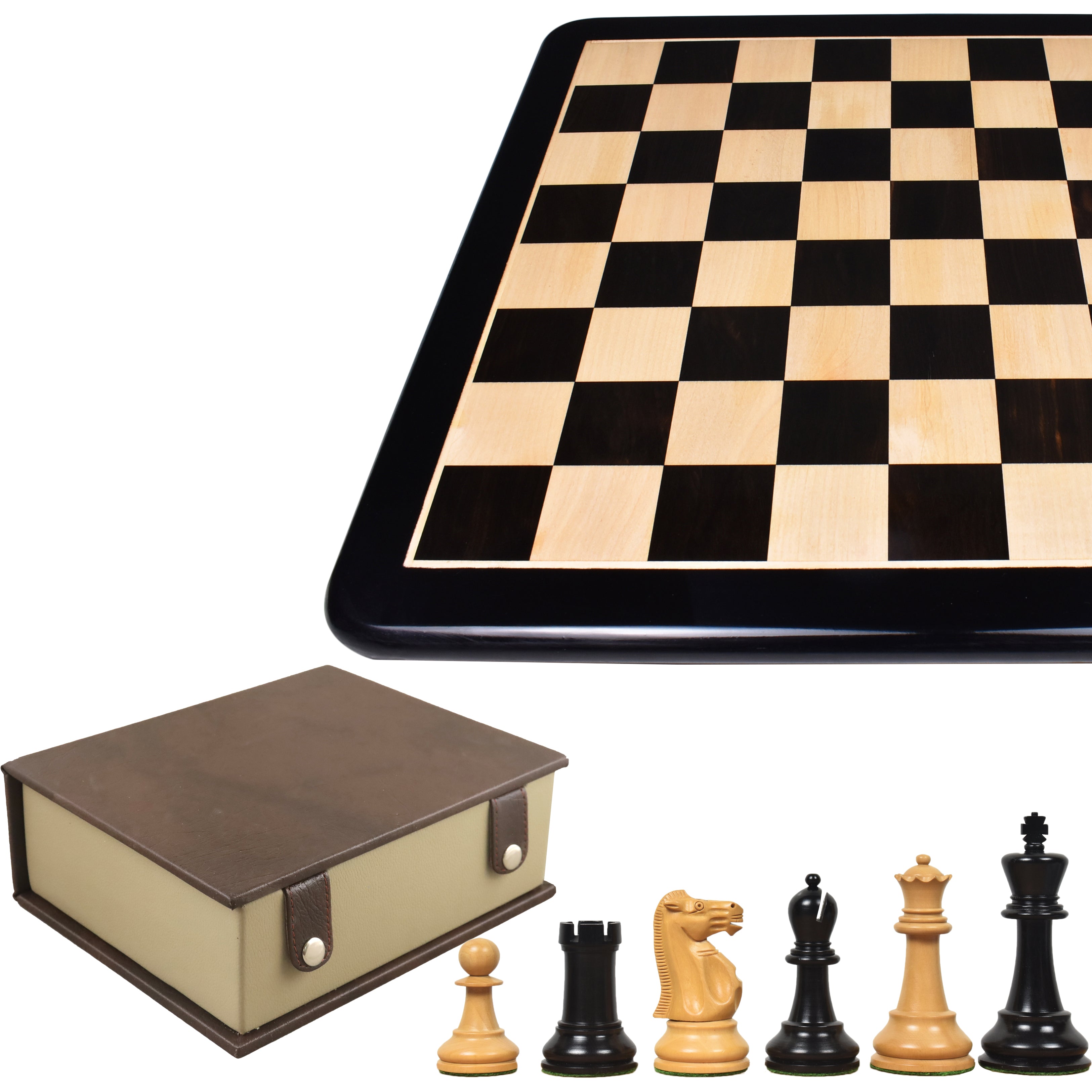 3.9" Lessing Staunton Ebony Wood Triple Weighted Chess Pieces With 21" Ebony & Maple Wood Chess Board And Book Style Storage Box
