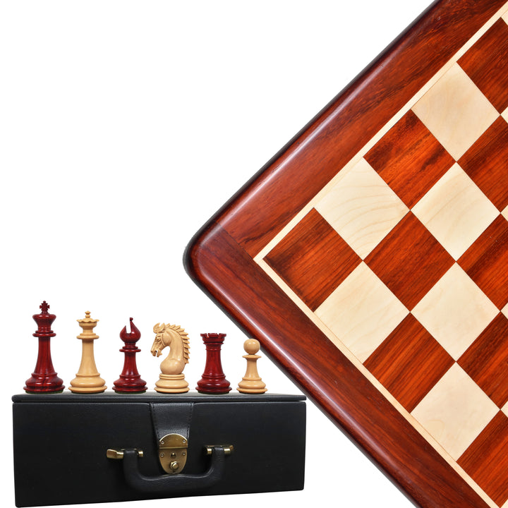 Pièces d'échecs Staunton de 3.7" de la série Emperor en palissandre avec un échiquier de 21" en palissandre et érable et une boîte de rangement en similicuir.