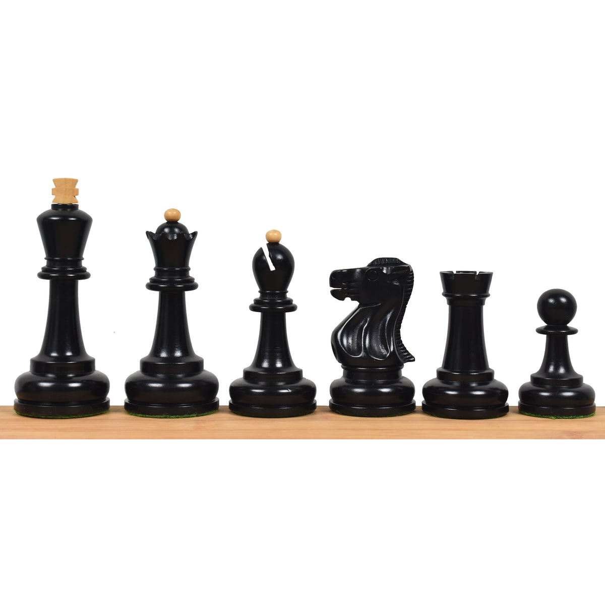 Complete lineup of the black ebonised boxwood pieces from the 3.7" Soviet Großmeister Supreme chess set.