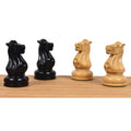Two black ebonised and two natural boxwood knights from the Soviet Großmeister Supreme set facing each other.