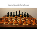 Historical Soviet Großmeister chess set in black and orange displaying the original vintage design inspiration.