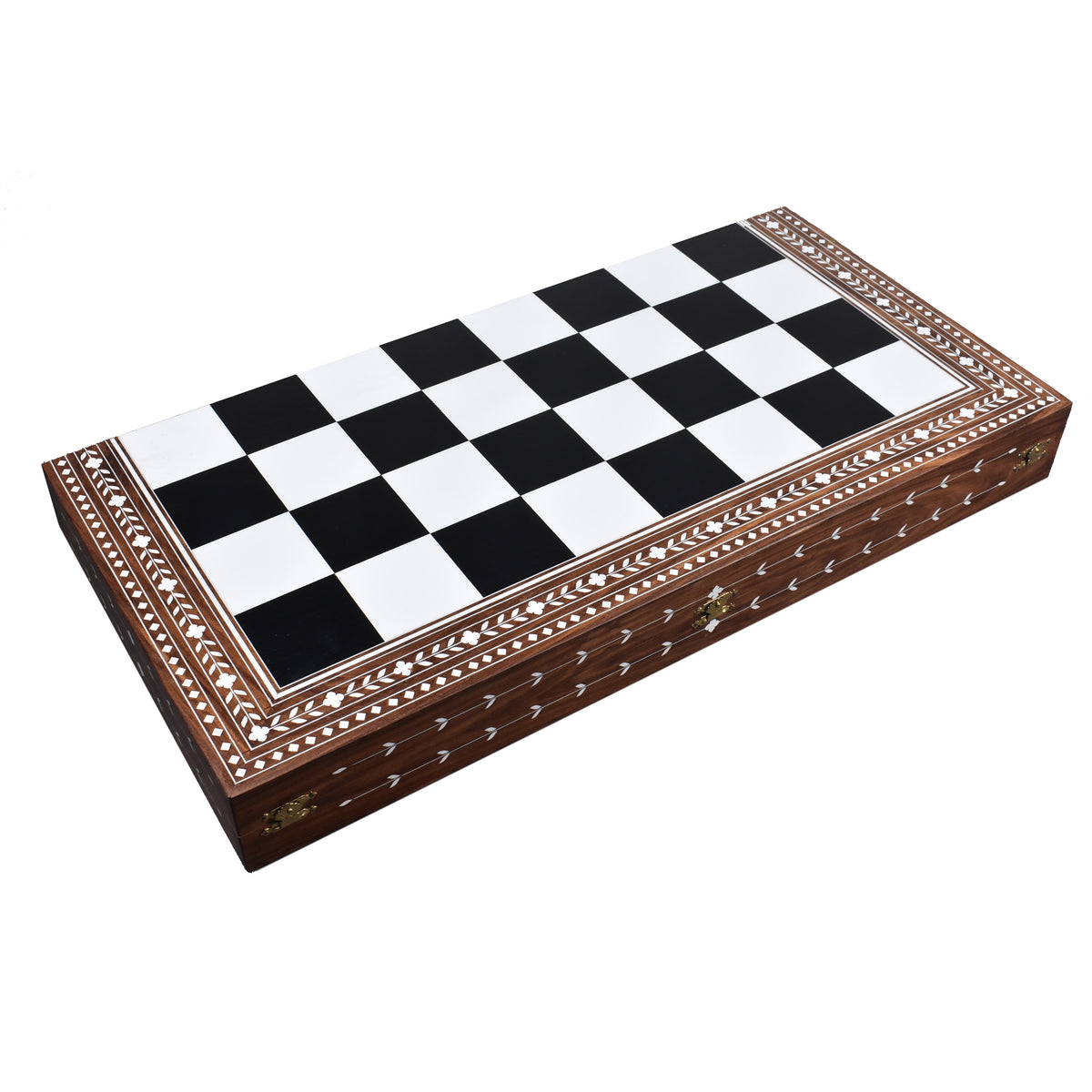 24-inch large wooden folding chess board handcrafted from Golden Rosewood and Acrylic Ivory in a folded position.