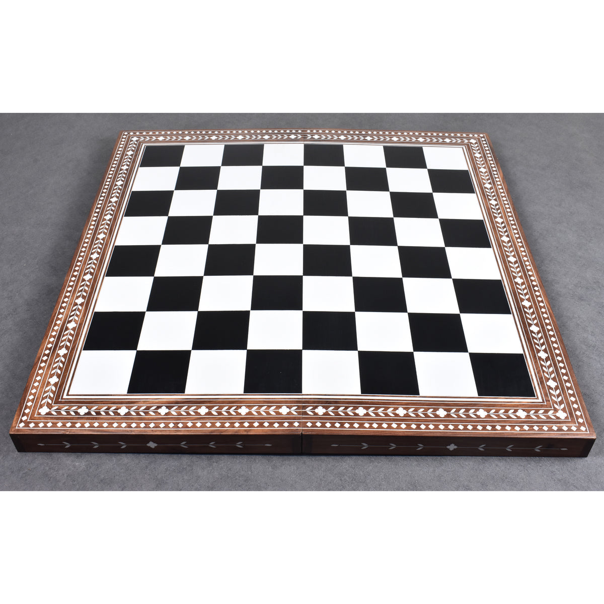 Full top view of a 24-inch large wooden chess board featuring 65 mm squares and intricate floral inlay borders.