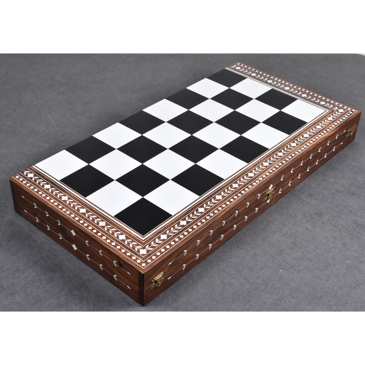 Perspective view of the 24-inch very large wooden folding chess board by Royal Chess Mall in Golden Rosewood.