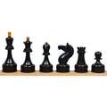 Black ebonized boxwood chess pieces of the Mikhail Tal Soviet Championship reproduction set.