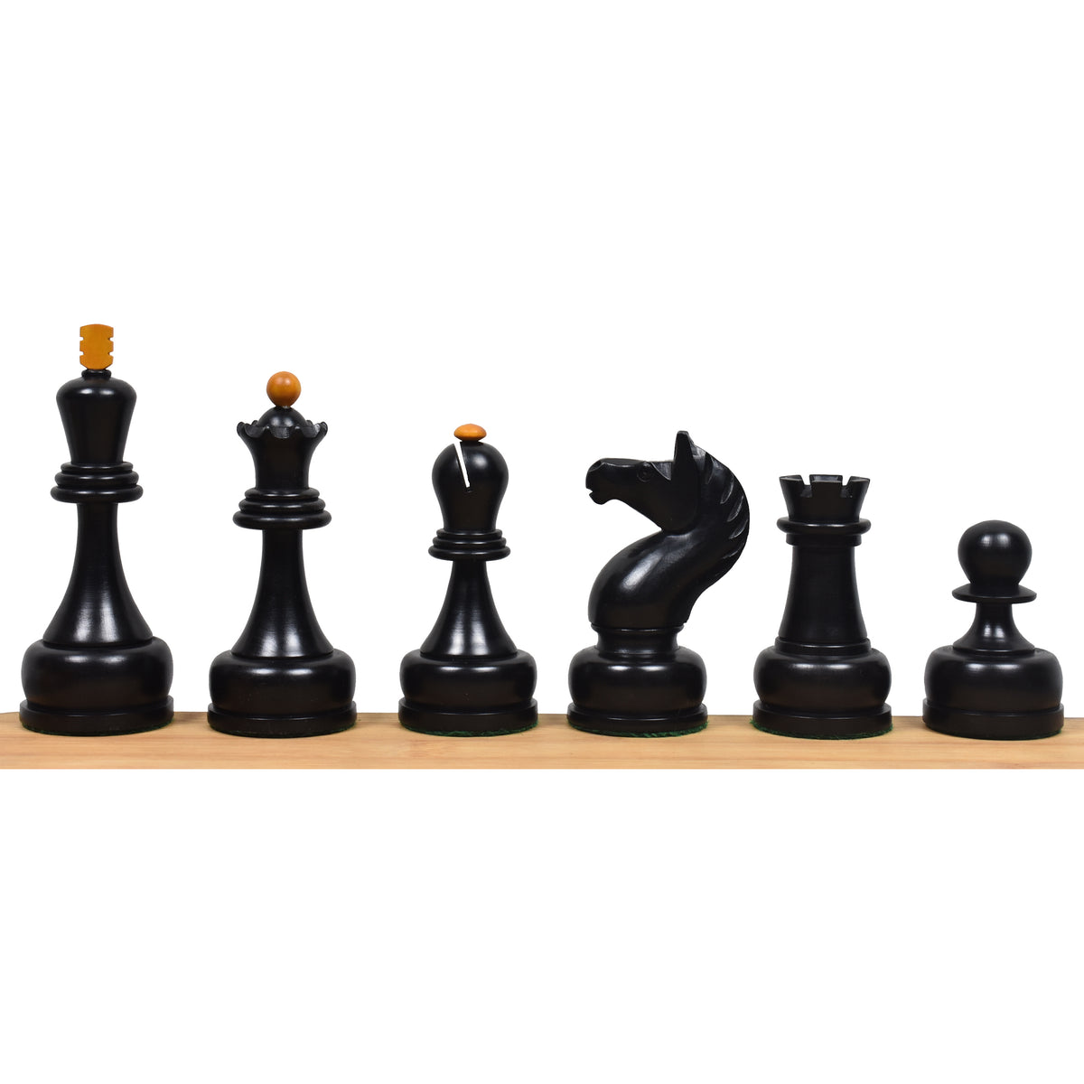 Black ebonized boxwood chess pieces of the Mikhail Tal Soviet Championship reproduction set.