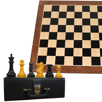 Combo of 4.5" Reproduced 1849 Staunton Antiqued Boxwood & Ebony Chess Pieces with 23inches Board and Storage Box