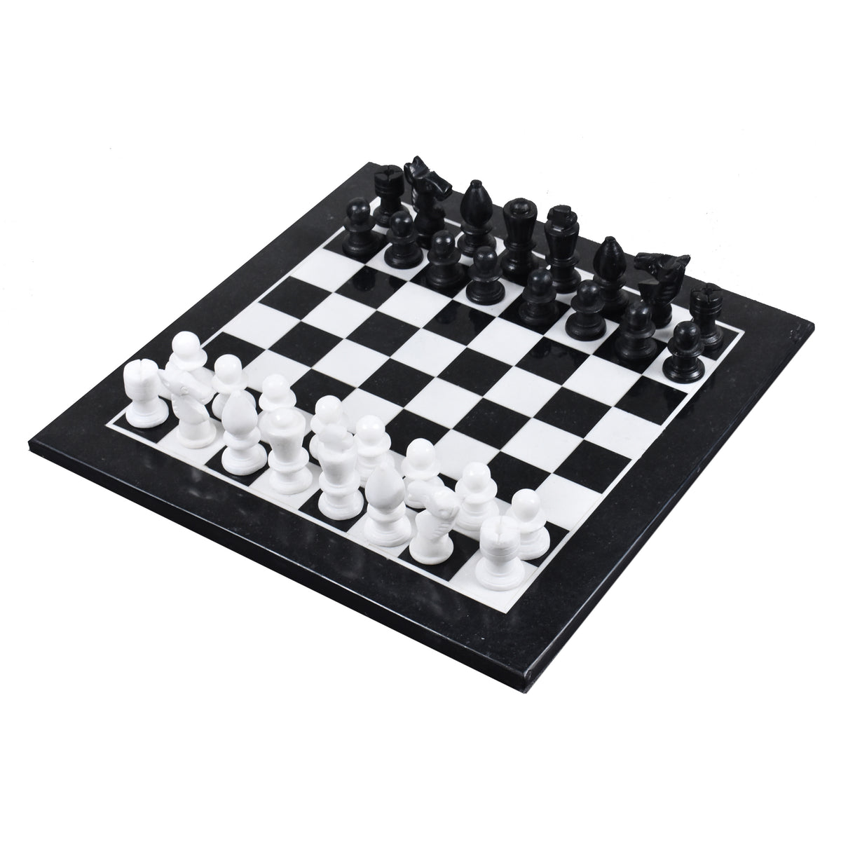 12-inch black and white marble stone chess set with minimalist pieces on the board.
