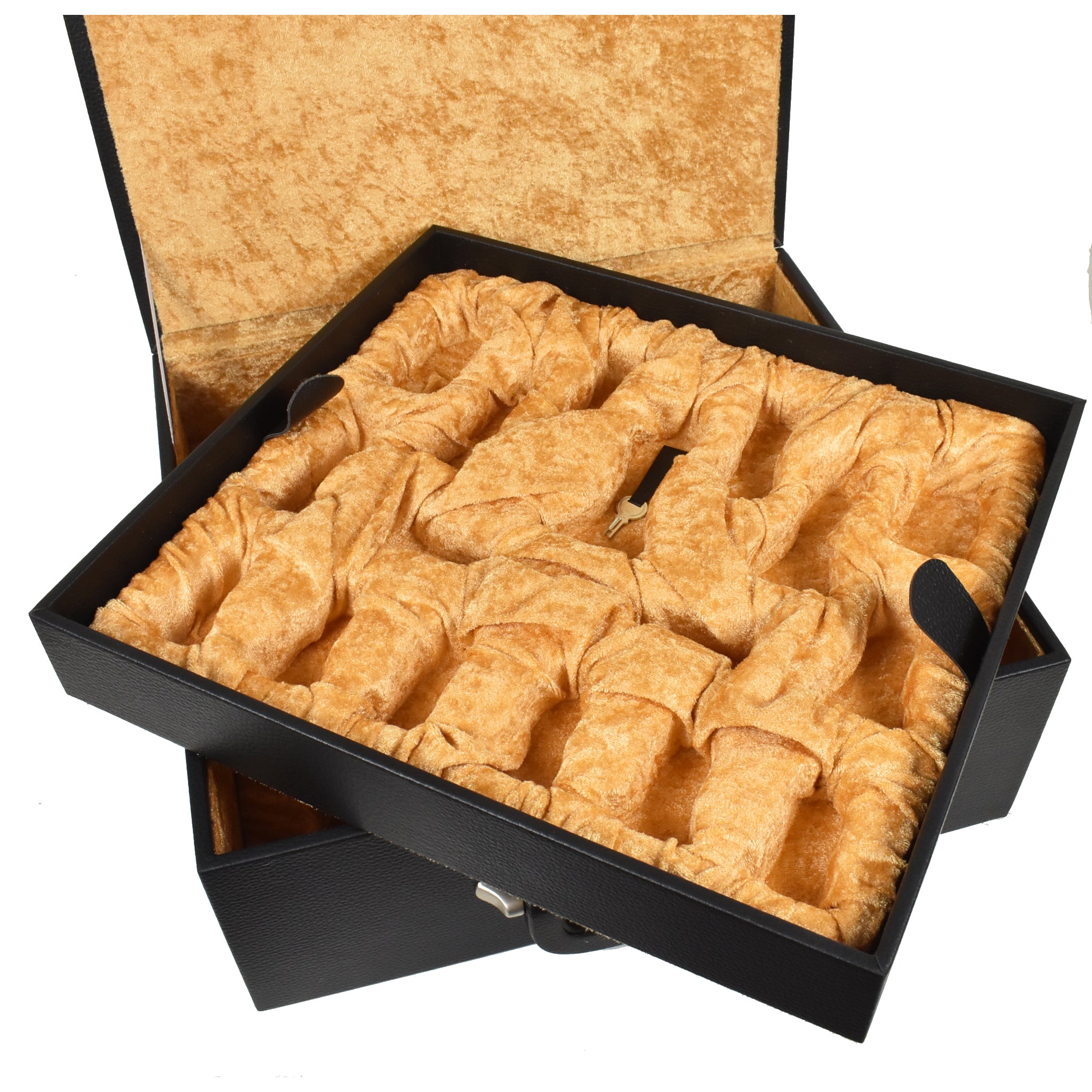 4.5" Carvers' Art Luxury Chess Ebony Wood Pieces with 21" Ebony & Maple Wood Luxury Chess board with Carved Border and Leatherette Coffer Storage Box