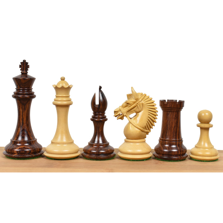 Pezzi di scacchi di lusso in palissandro americano Staunton da 4,2" con scacchiera piatta in palissandro e acero da 21" e scatola di custodia in similpelle
