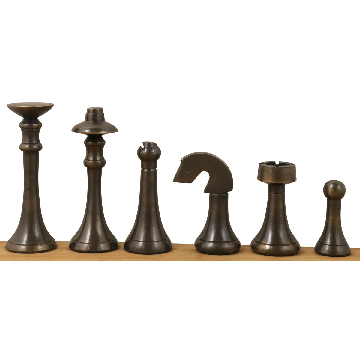 Antique brass luxury metal chess pieces with a dark brushed contemporary finish.