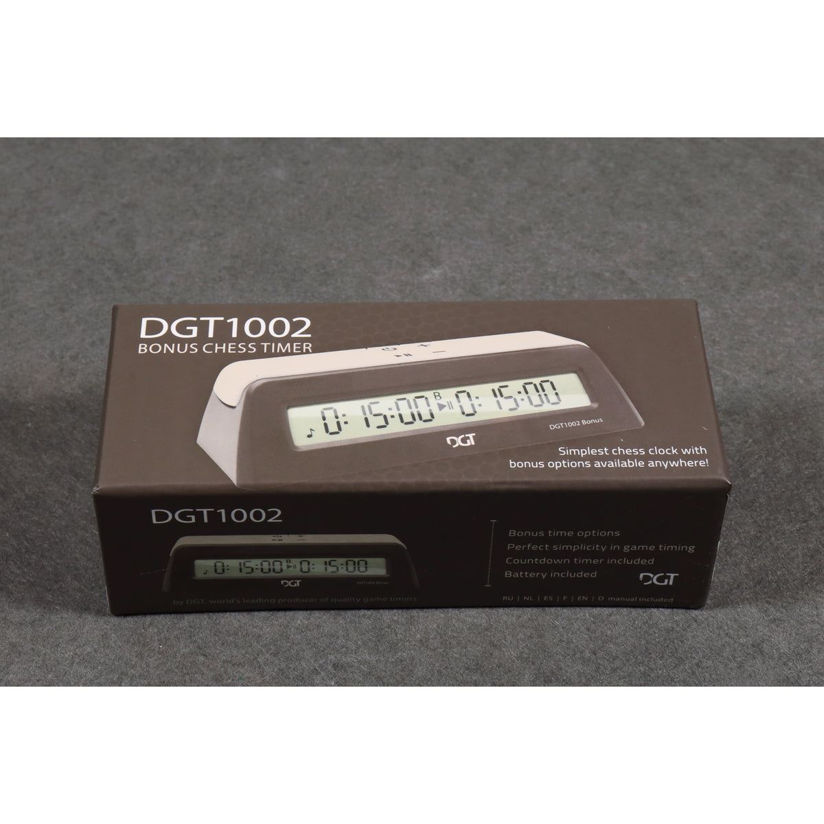 Official product packaging box for the DGT 1002 digital chess timer and game clock.
