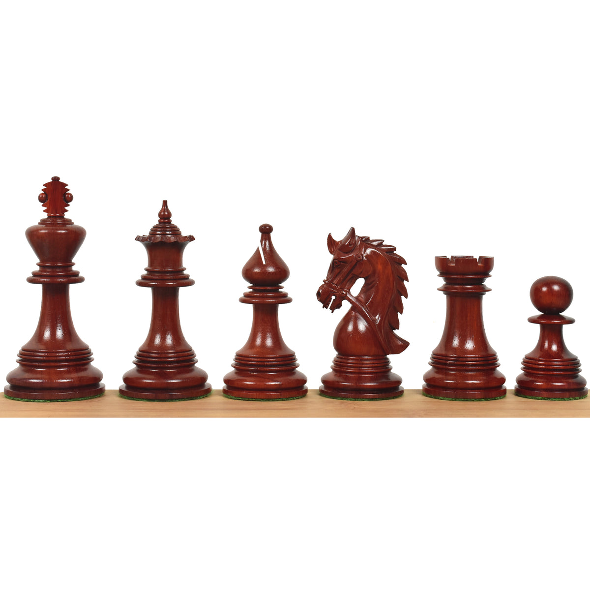 Row of six premium triple weighted bud rosewood Staunton chess pieces showcasing detailed carvings.