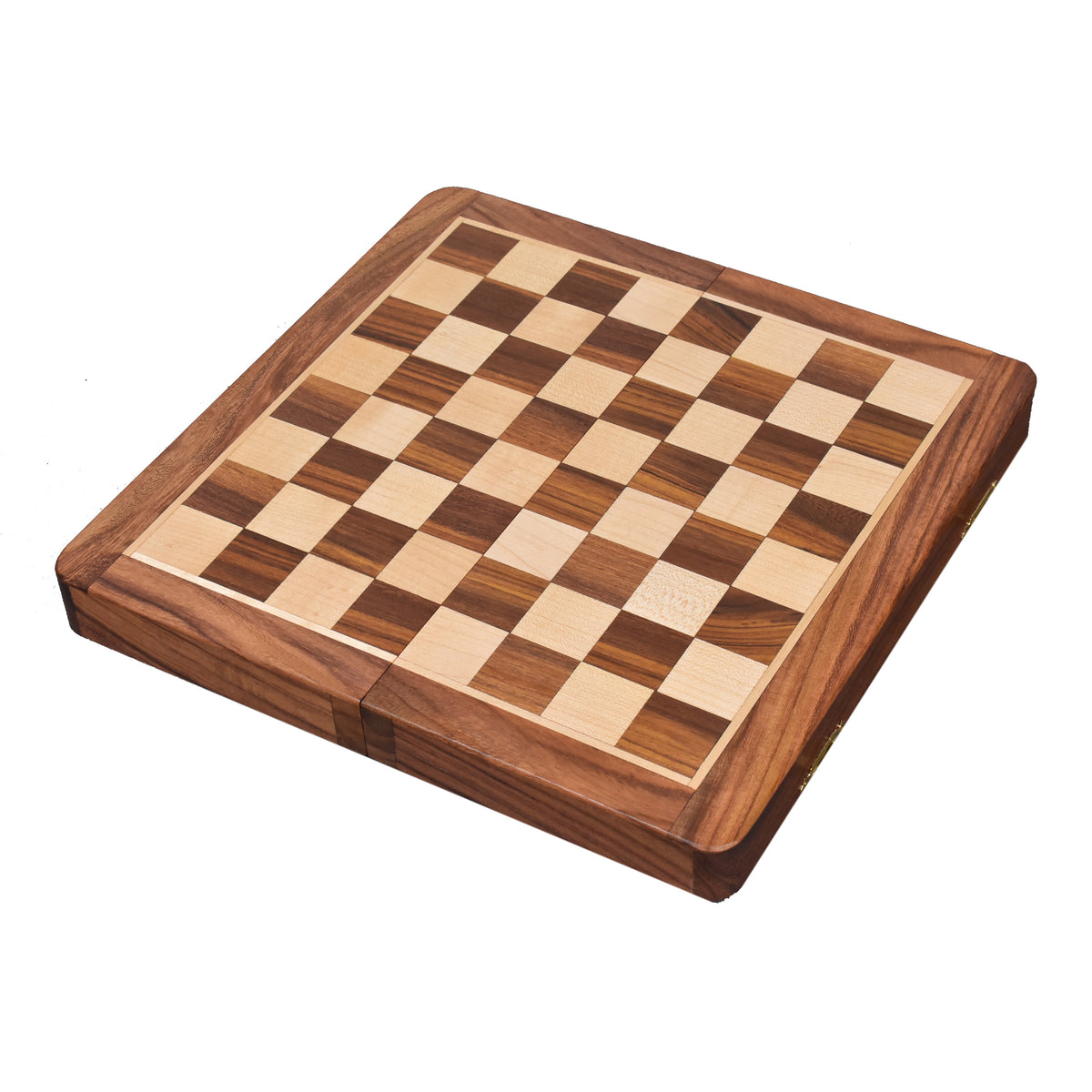 Folded wooden magnetic travel chess board closed and ready for easy portability.