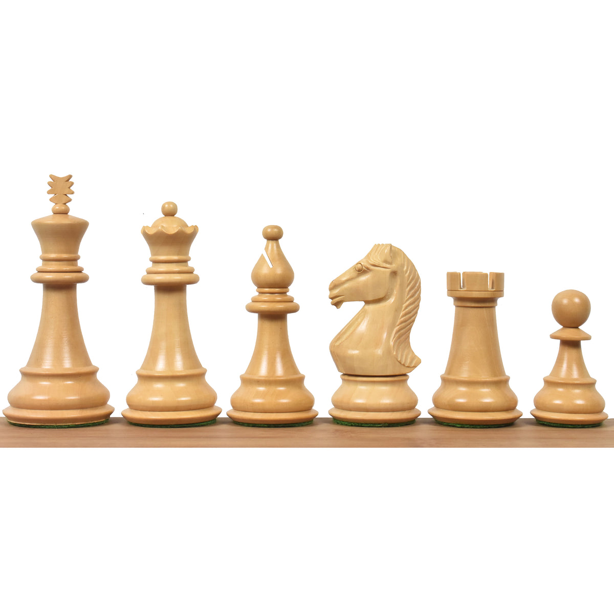 Full suite of white natural boxwood Majestic Series 4 inch Staunton chess pieces.