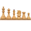 Full set lineup of the Boxwood version of the 1970s Dubrovnik chess pieces, featuring the signature flat-topped design.