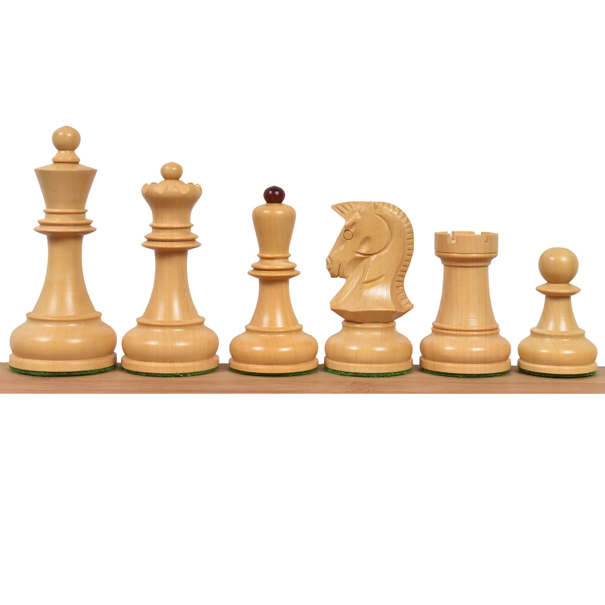 Full set lineup of the Boxwood version of the 1970s Dubrovnik chess pieces, featuring the signature flat-topped design.