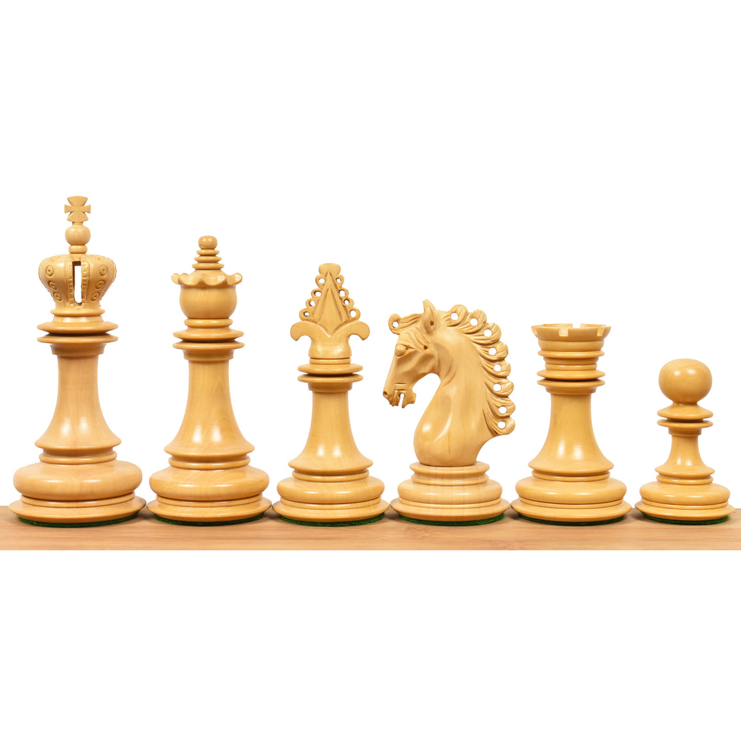 Pièces d'échecs de luxe 4.5″ Carvers' Art Budrose en bois avec bourgeon 21" Échiquier de luxe en bois de palissandre et d'érable avec bordure sculptée et boîte de rangement Coffre en similicuir.