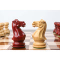 Detailed craftsmanship of Pro Staunton chess knights in Bud Rosewood and Boxwood.