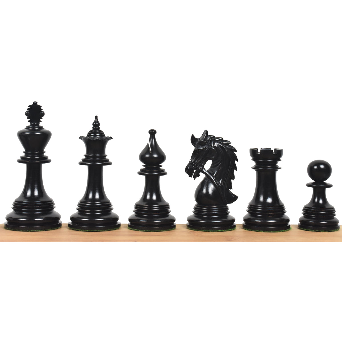 Triple weighted ebony wood luxury Staunton chessmen showcasing intricate carvings.