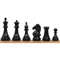Set of black ebonised boxwood Majestic Series Staunton chess pieces showcasing sleek profiles.