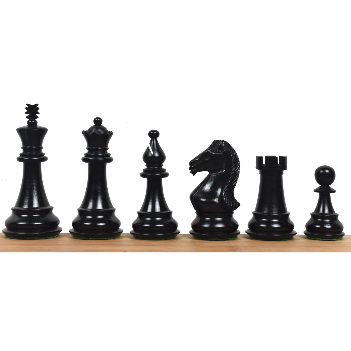 Set of black ebonised boxwood Majestic Series Staunton chess pieces showcasing sleek profiles.