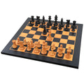 Full set of Improved French Lardy chess pieces on a wooden chess board.