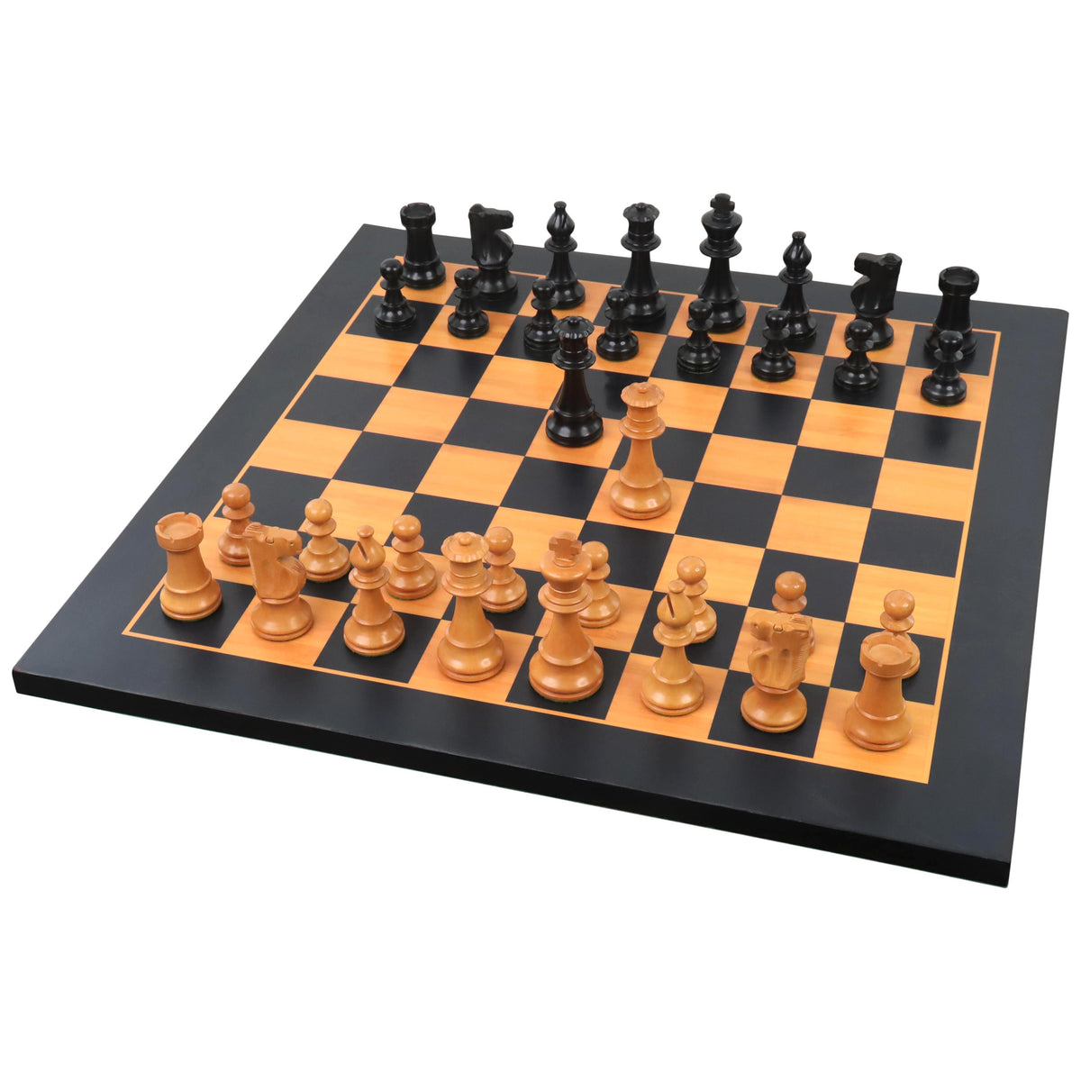 Full set of Improved French Lardy chess pieces on a wooden chess board.