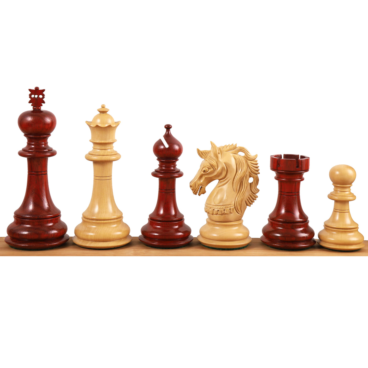Alternating dark Bud Rosewood and light boxwood Staunton chess pieces lineup.
