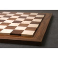 Side profile shot highlighting the raised playing platform of the Golden Rosewood and Maple wooden chess board.