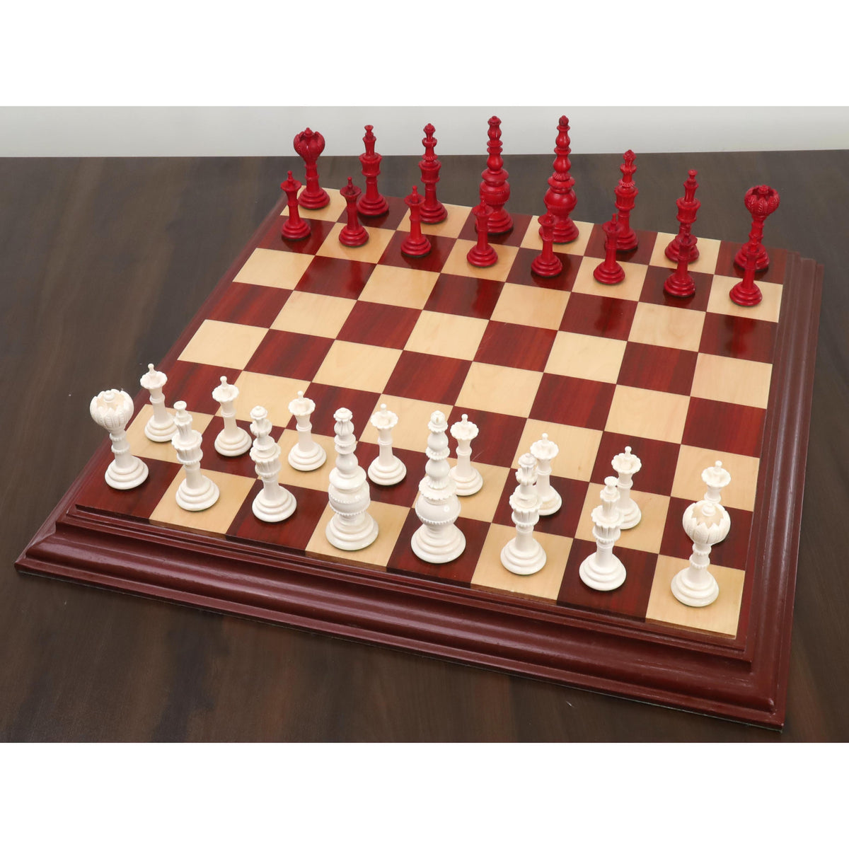 4.6" Turkish Tower pre-Staunton chess set arranged on a wooden board.