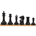 Complete lineup of black ebony wood 1852 Harrwitz Staunton chess pieces.